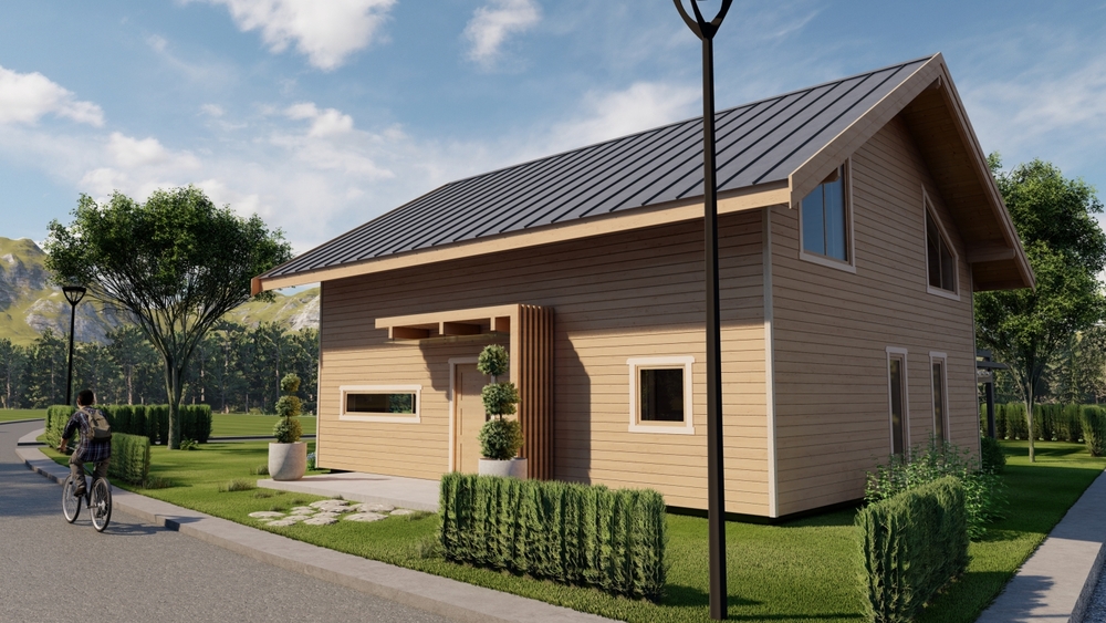 Drewniany dom z metalowym dachem.