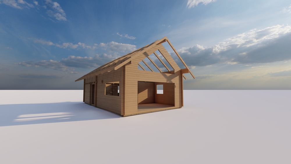 Drewniany dom na śniegu.