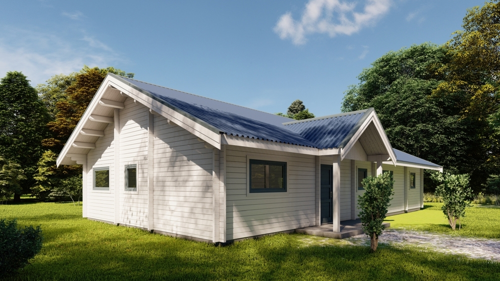 Mały dom z panelami słonecznymi na dachu.