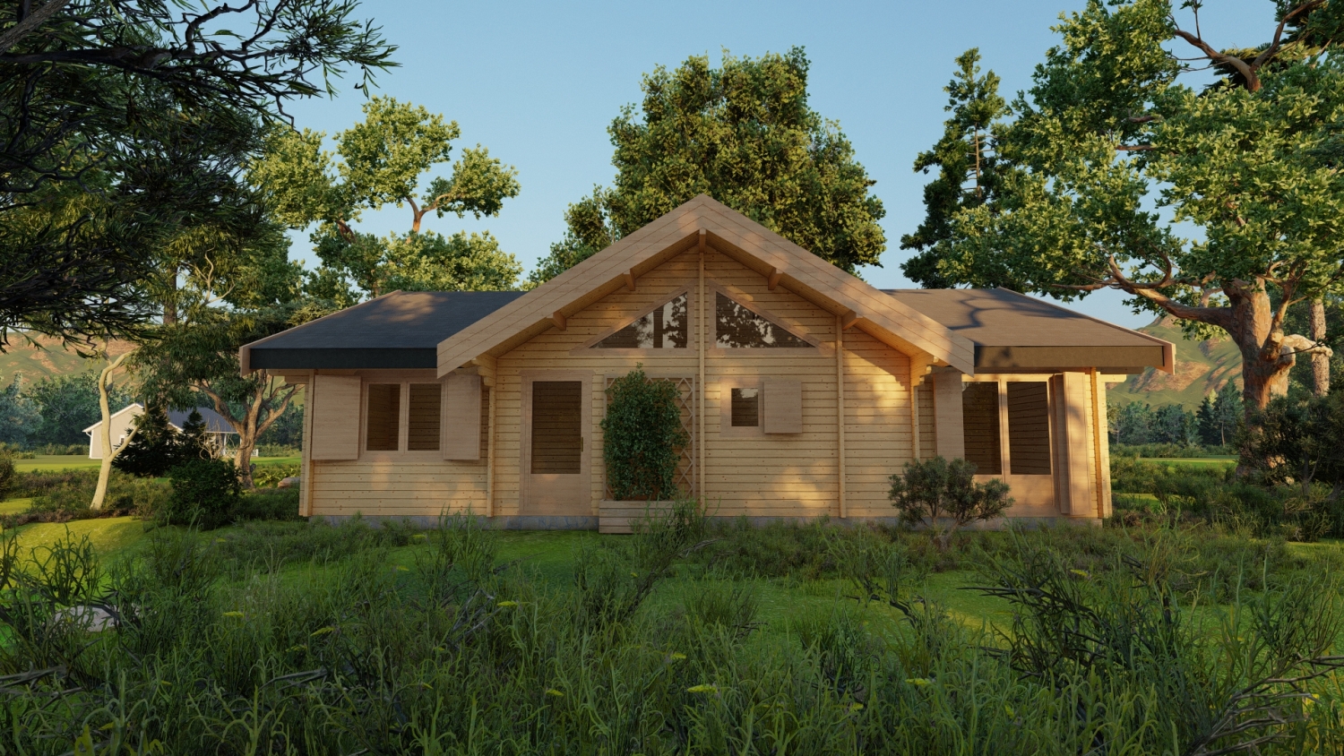 Drewniany dom w lesie.