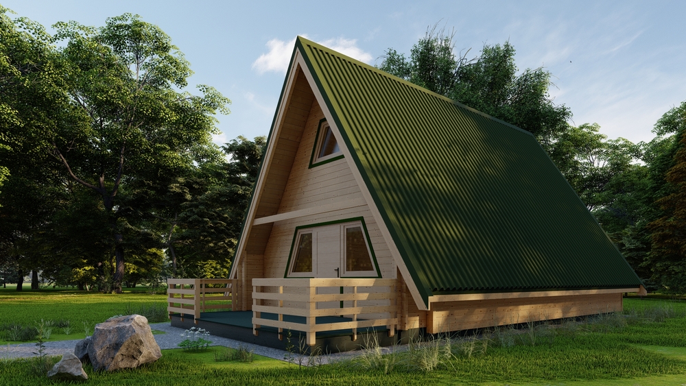 Drewniany dom z zielonym dachem.