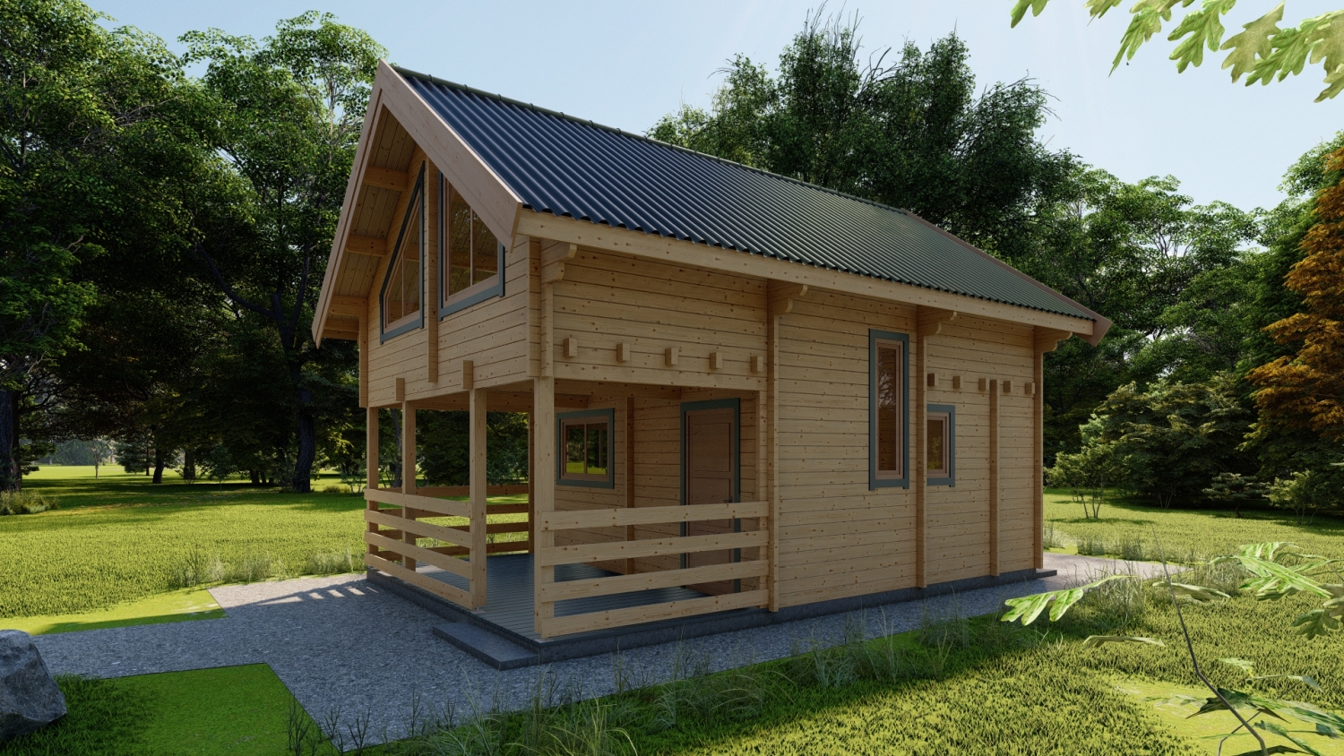 Drewniany dom na trawie.