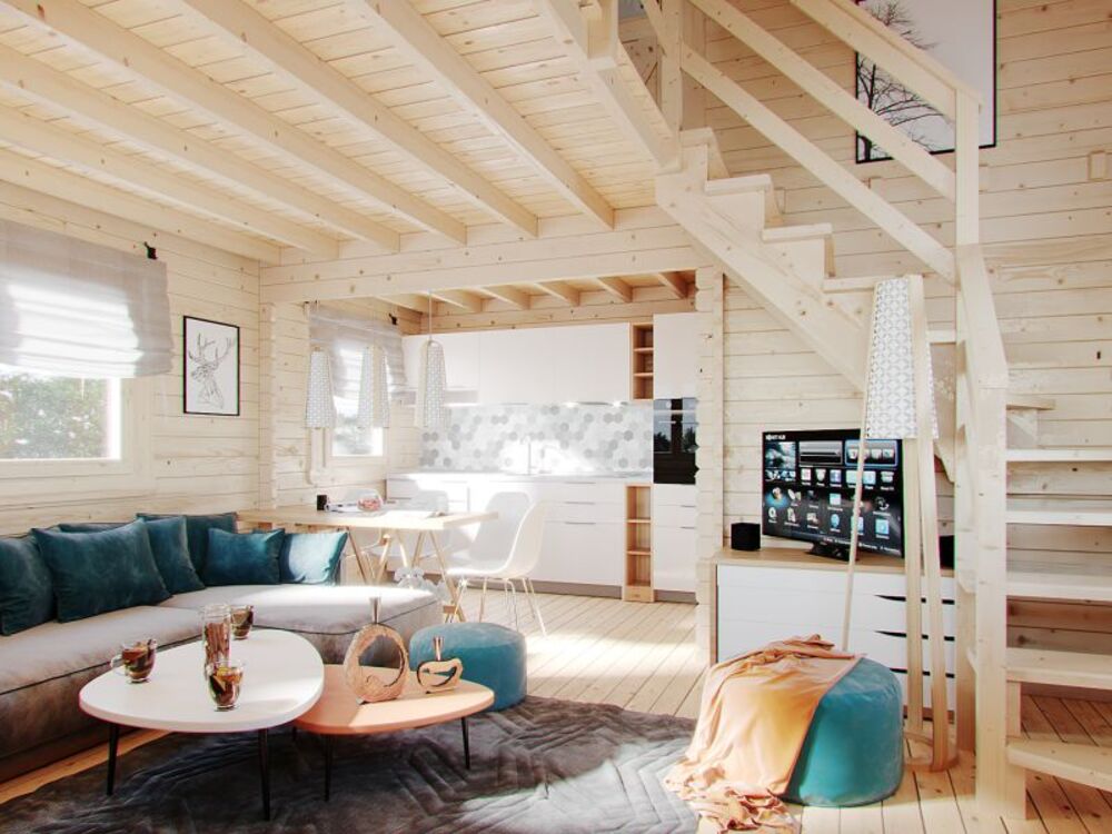 Przestronne, drewniane wnętrze