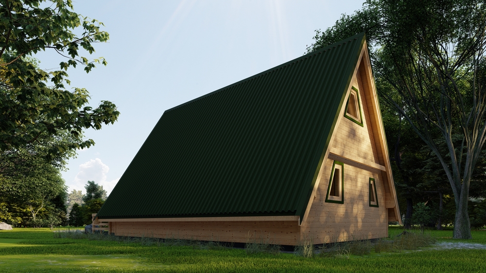 Drewniany dom z zielonym dachem.