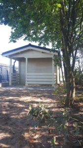 Domek w lesie wśród drzew.