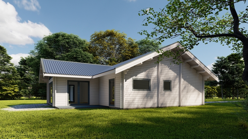 Jednopiętrowy, drewniany dom z dachem