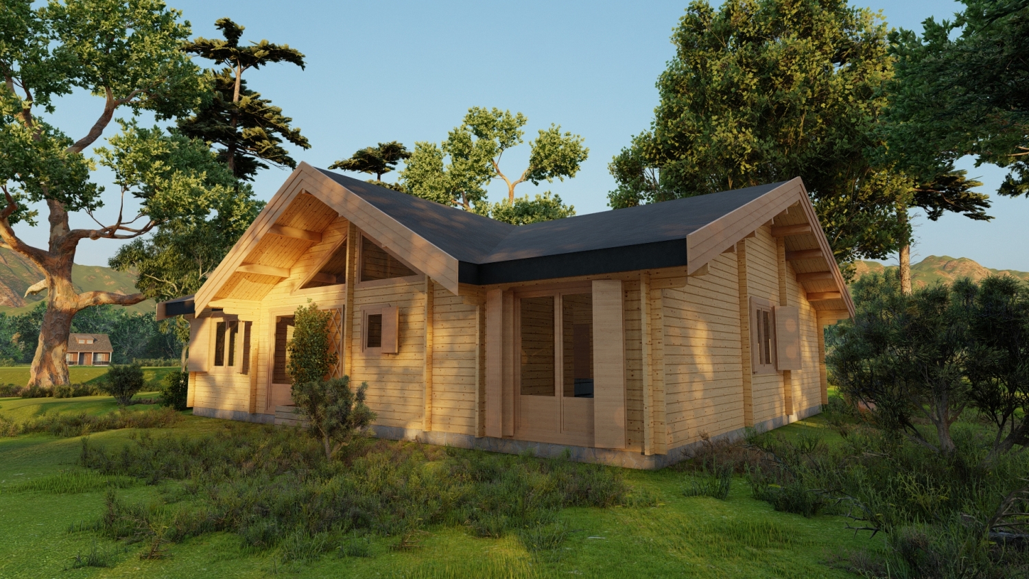 Drewniany dom na łące.