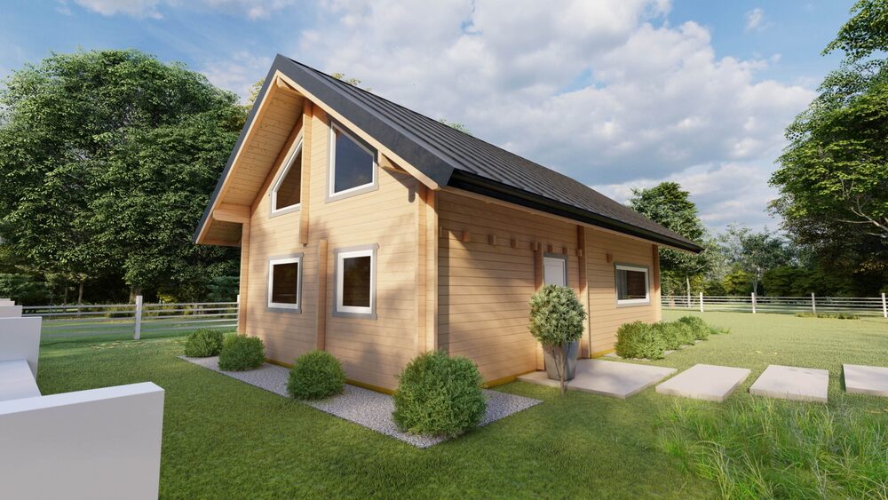 Dom drewniany w zielonym otoczeniu.