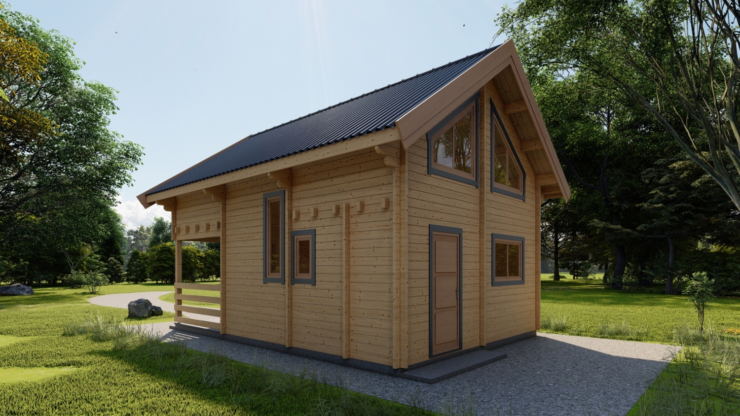 Drewniany domek z czarnym dachem.