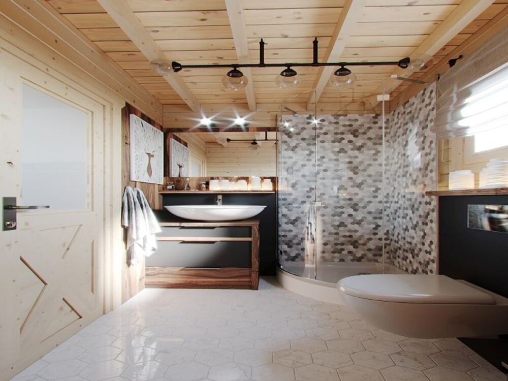 Drewniany sufit i łazienka.