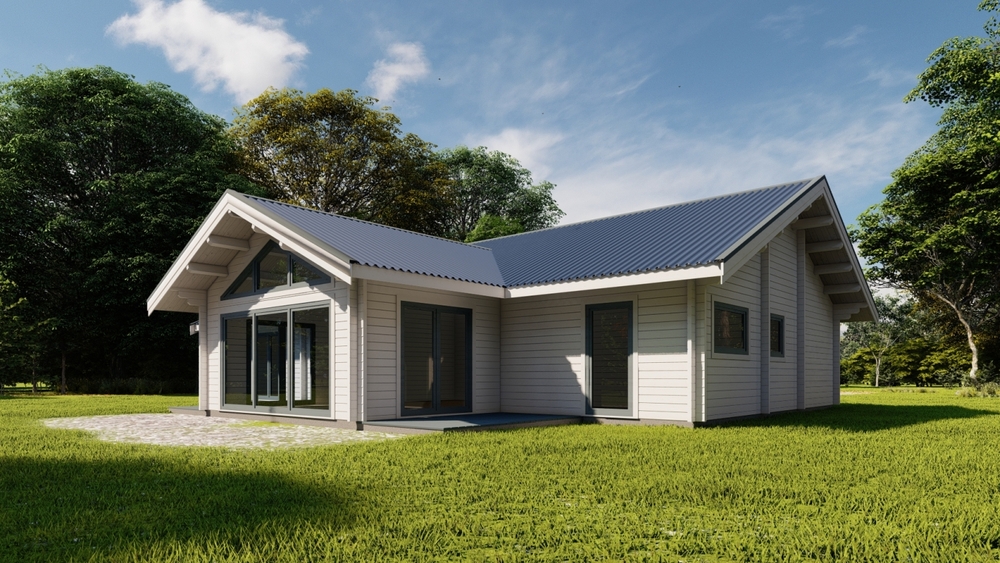 Drewniany dom na trawniku.