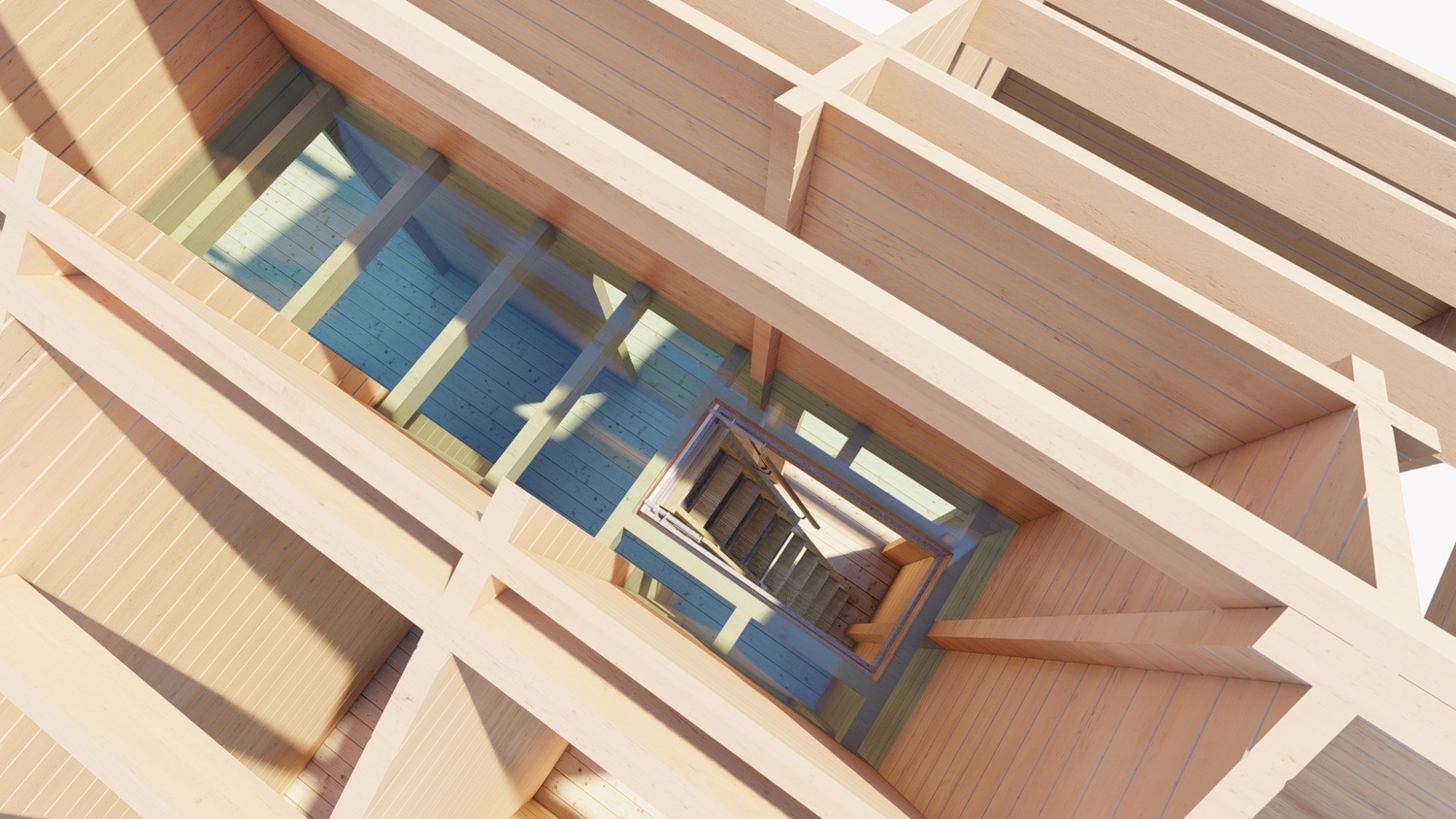 Drewniany, geometryczny budynek.