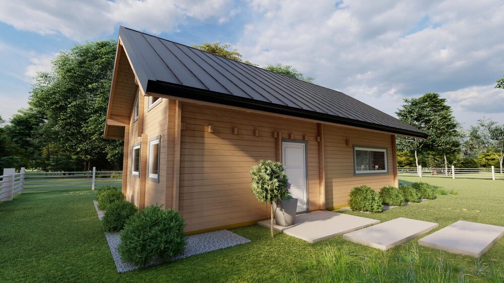 Budynek drewniany z czarnym dachem.