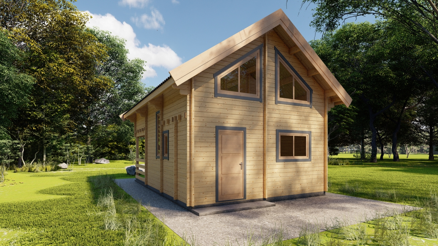 Drewniany dom w lesie.