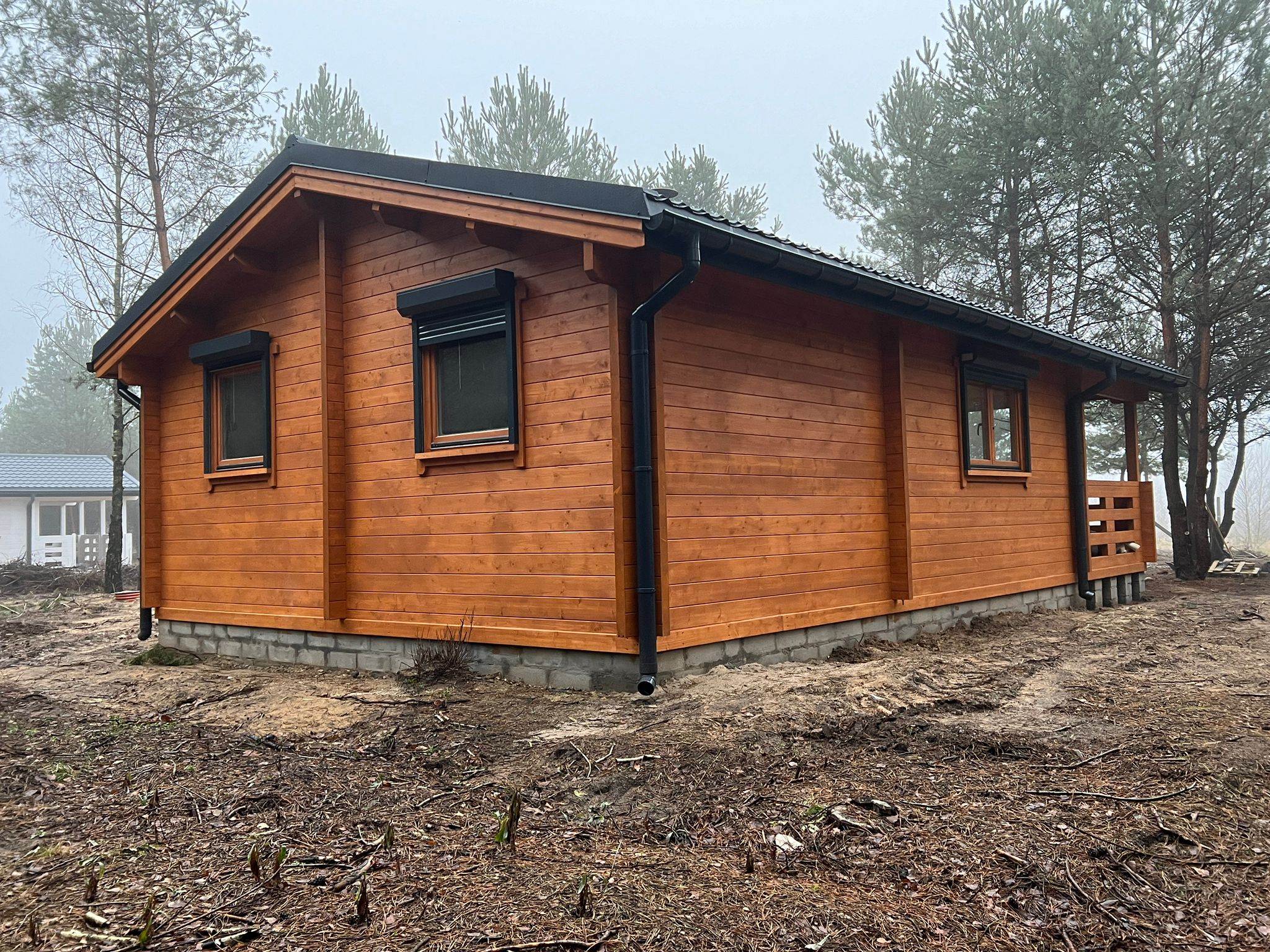 Drewniany dom na tle drzew.