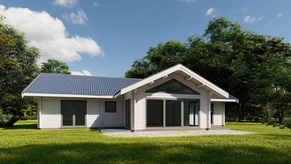 Drewniany dom na zielonej łące.