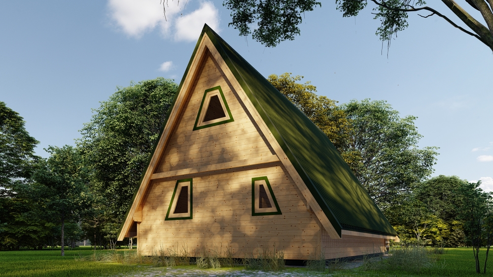Drewniany dom w kształcie trójkąta.