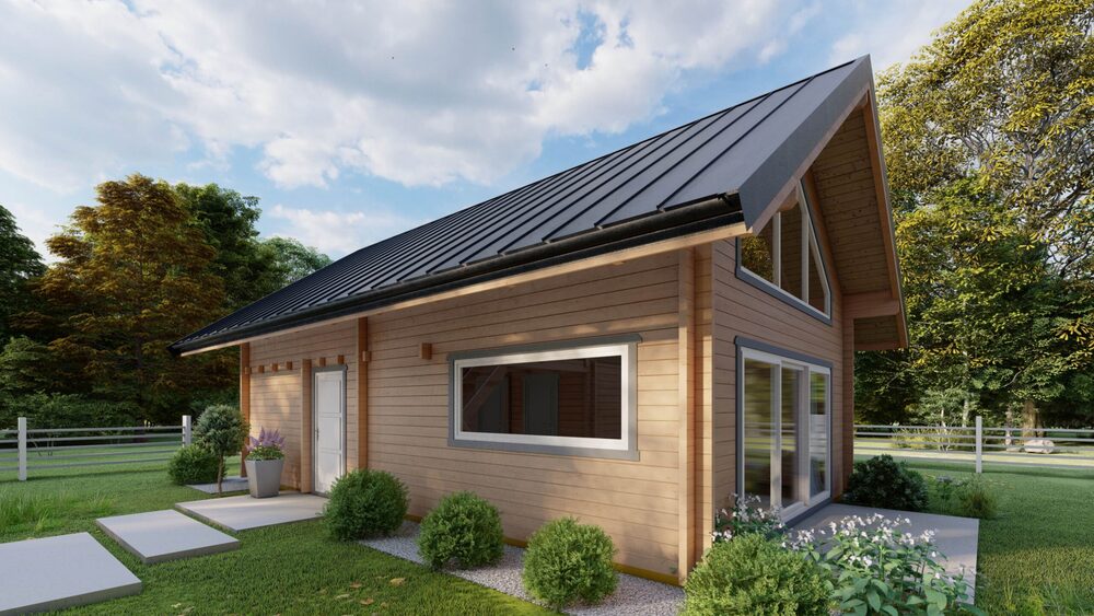 Drewniany domek na trawie.