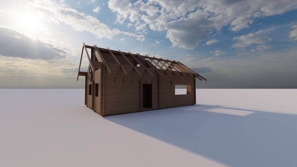 Drewniany domek na śniegu.