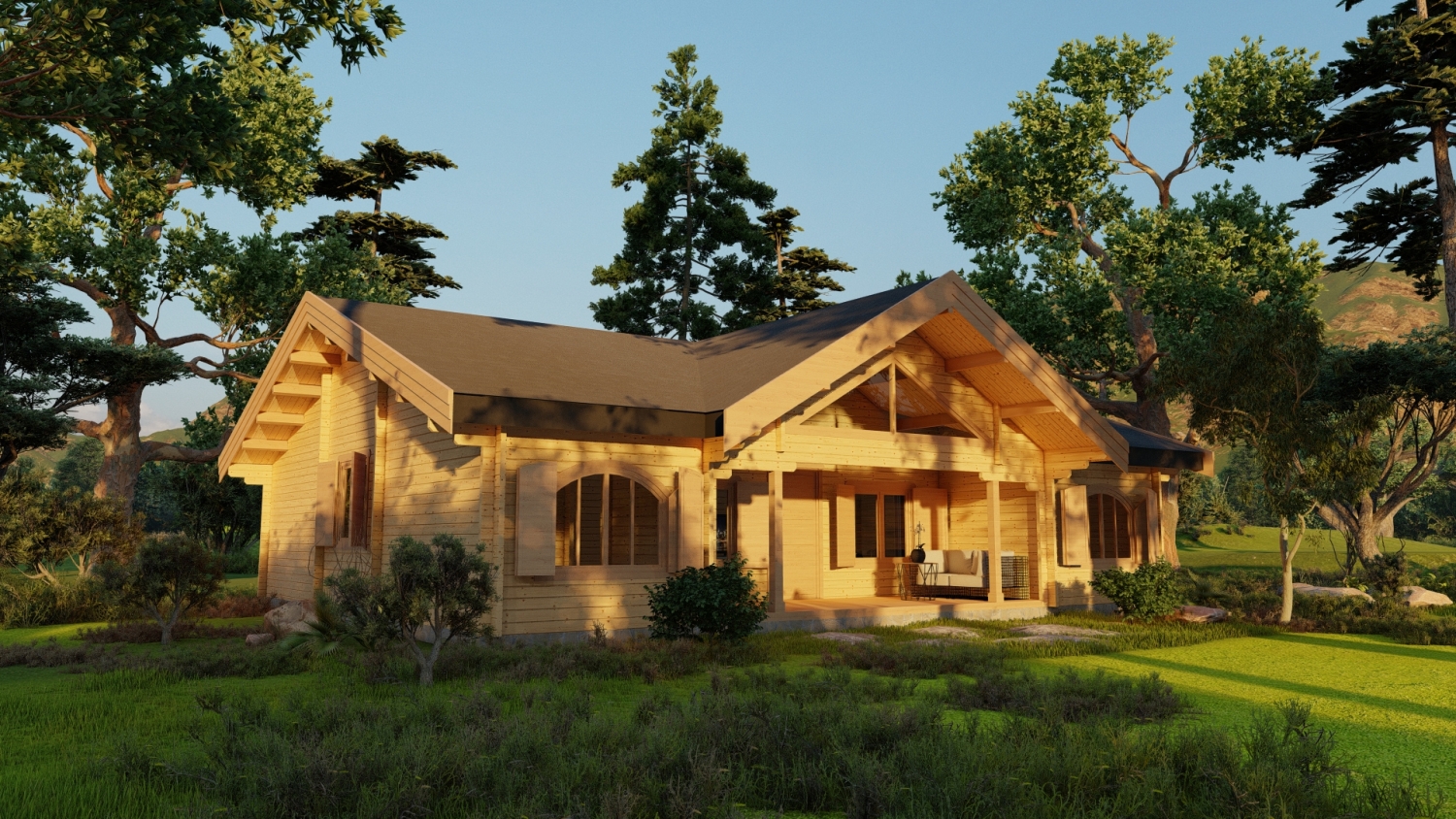 Drewniany dom na łące z drzewami.
