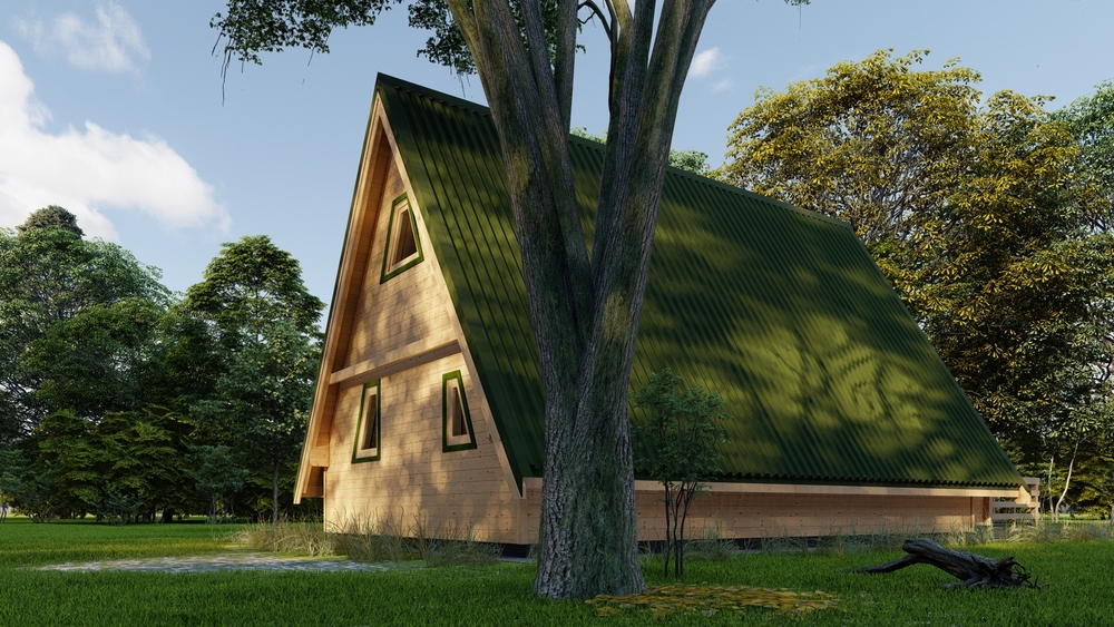 Drewniany dom z zielonym dachem.