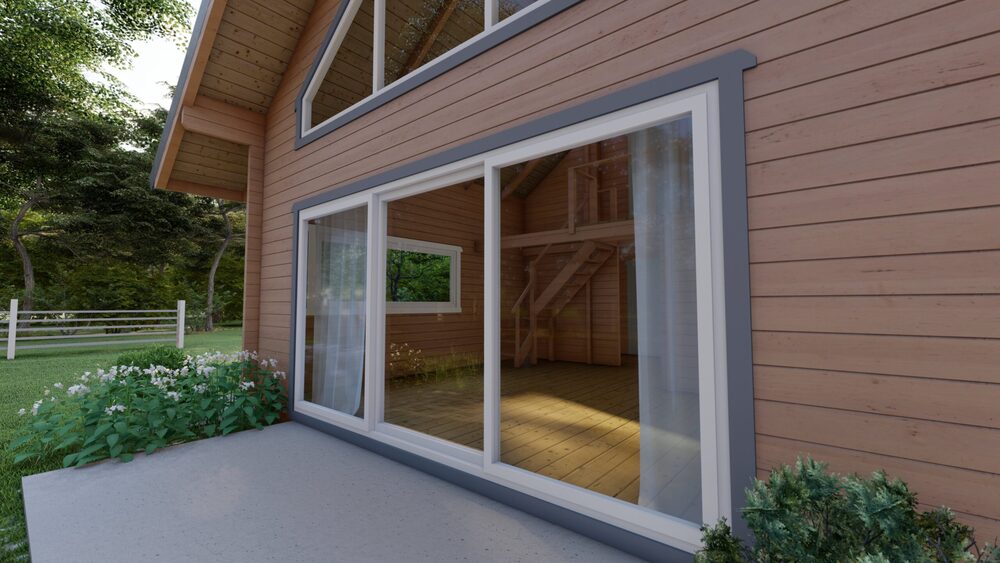 Drewniany dom z dużymi oknami.