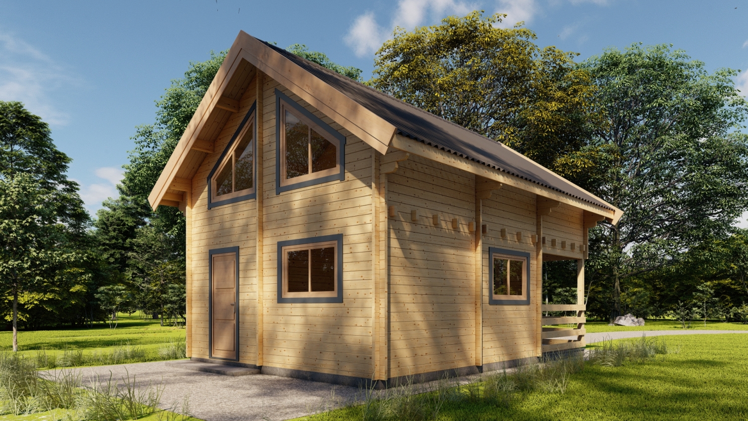 Drewniany dom na zielonej trawie.