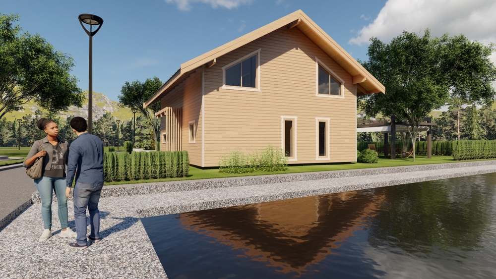 Drewniany dom przy stawie.