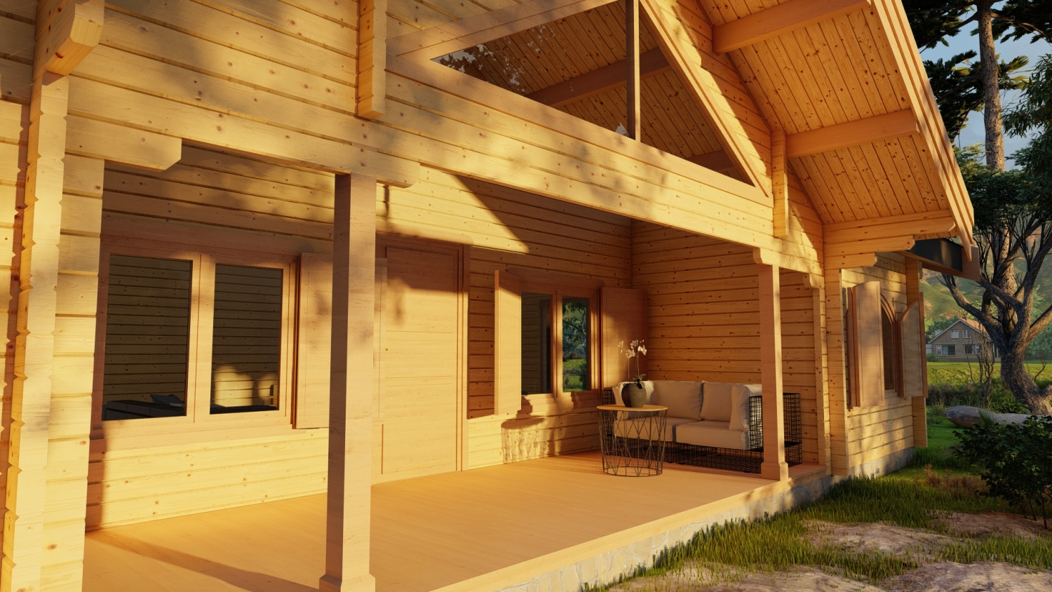 Drewniany dom ze strefą wypoczynkową.