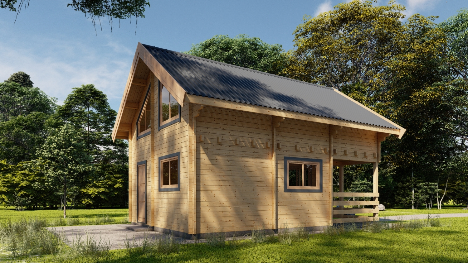 Domek drewniany na trawniku.