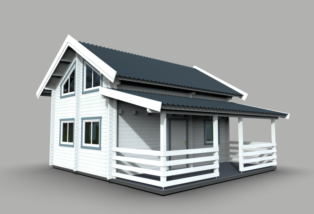 Biały drewniany dom z ciemnym dachem.