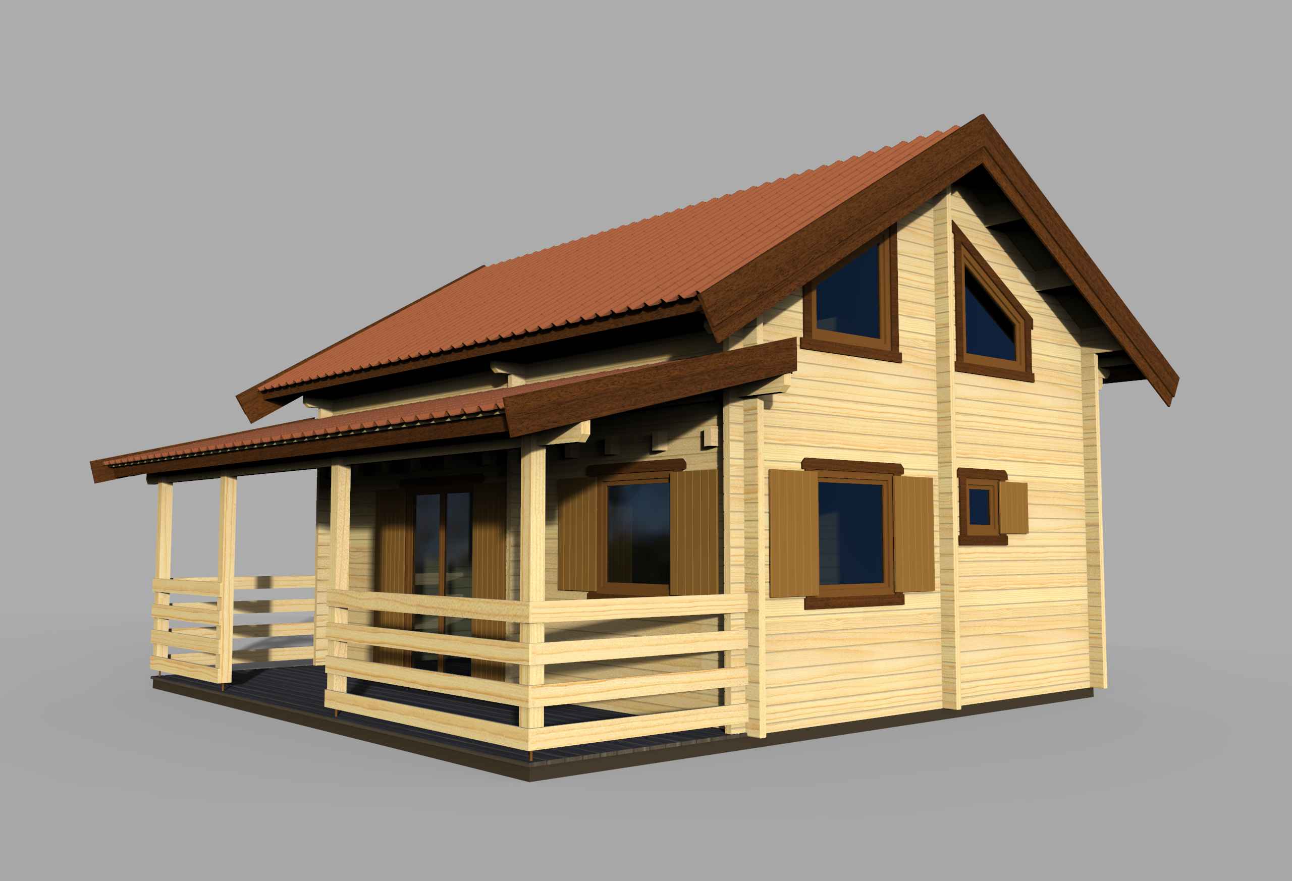 Drewniany domek z czerwoną dachówką.