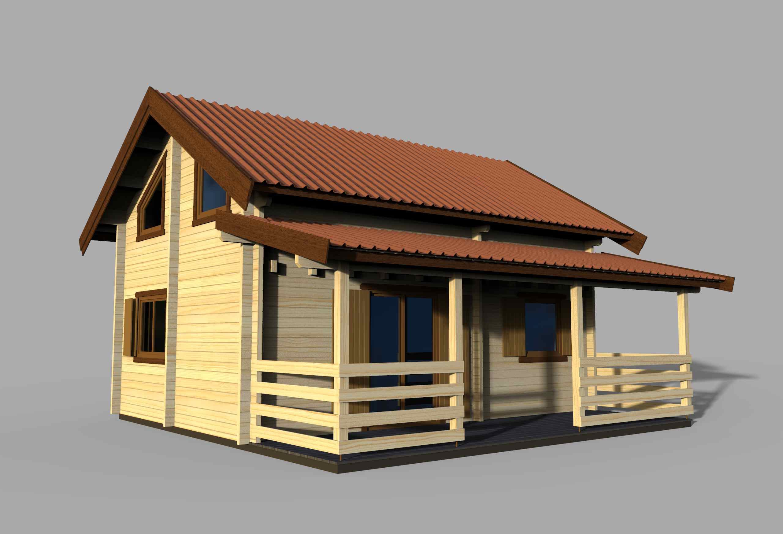 Drewniany domek z czerwonym dachem.