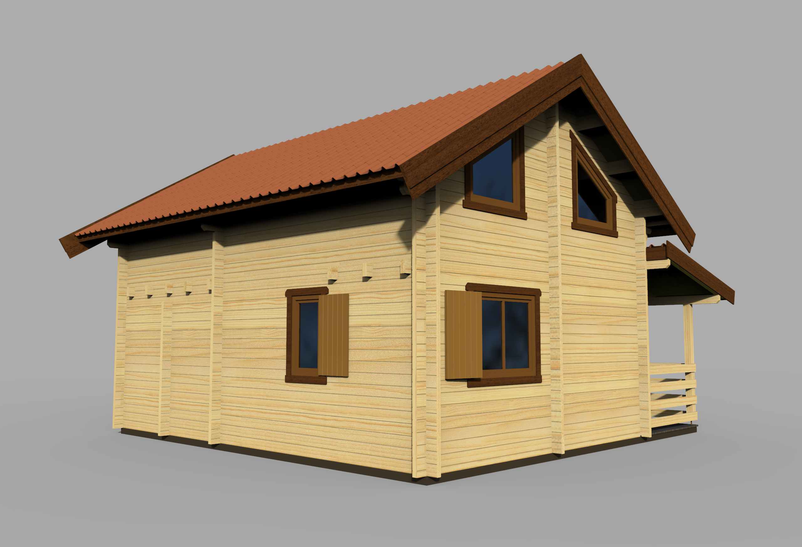 Drewniany dom z pomarańczowym dachem.