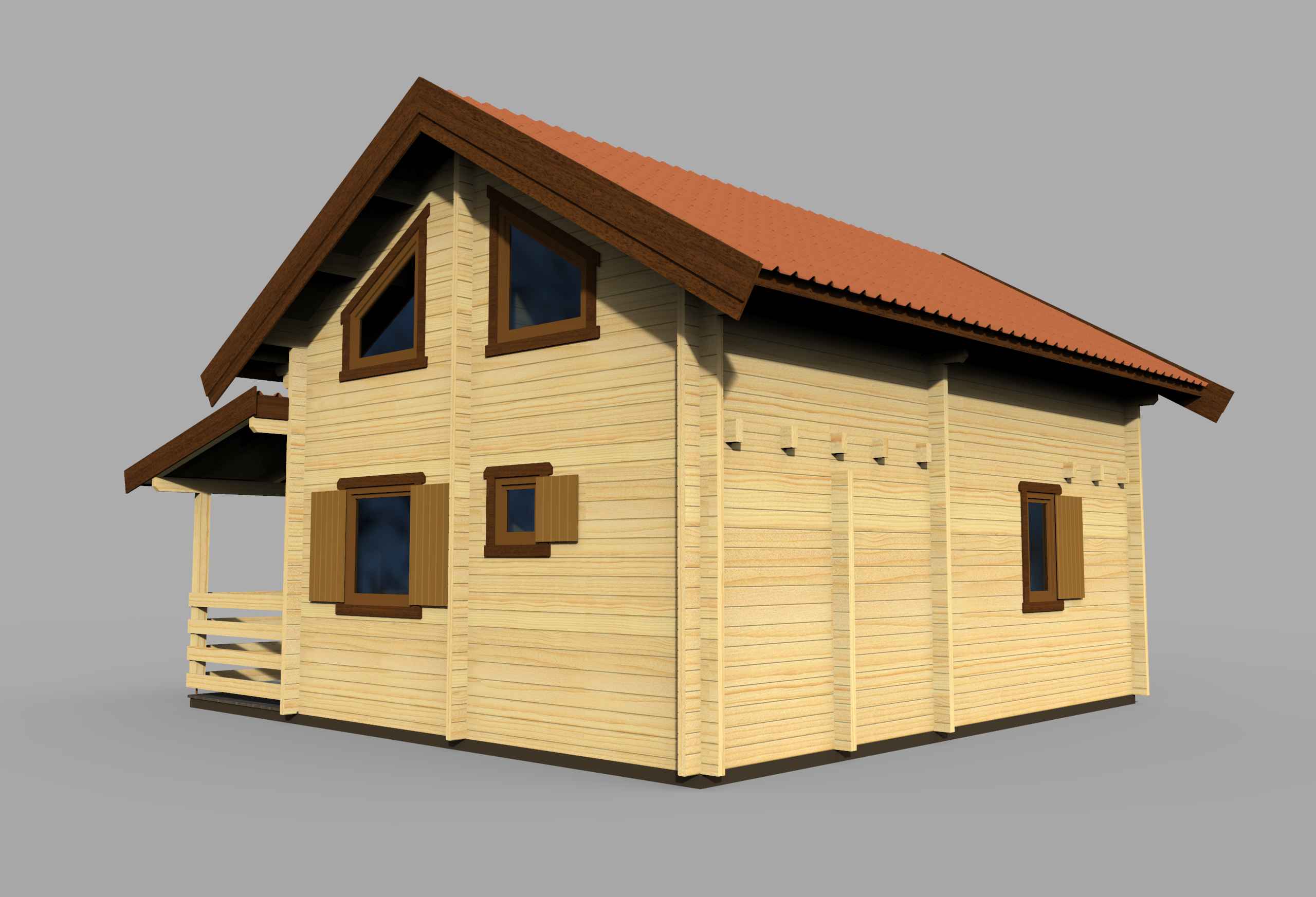 Drewniany dom z czerwoną dachówką.