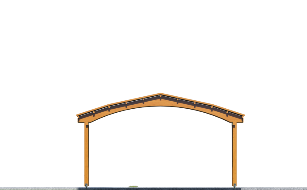 Budynek drewniany z dachem łukowym.