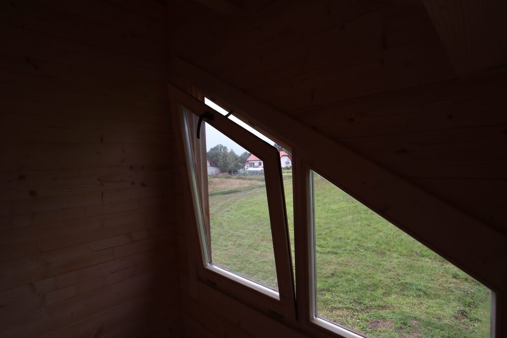 Widok przez okno na łąkę.