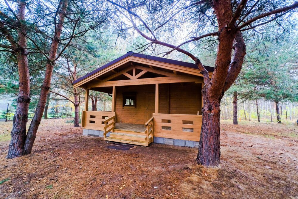 Drewniany domek w lesie.