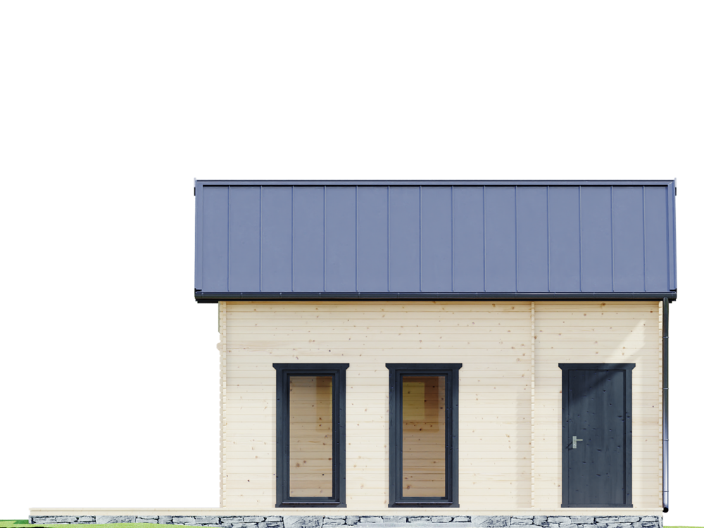 Drewniany domek z niebieskim dachem.