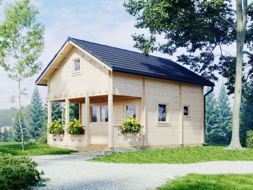 Drewniany dom z czarnym dachem.