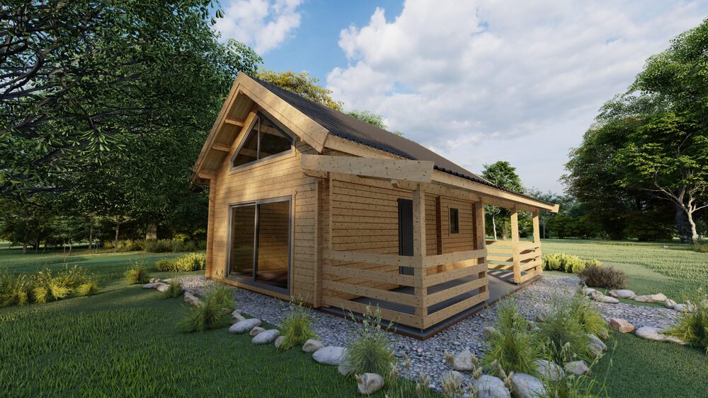 Drewniana letniskowa chata w lesie.