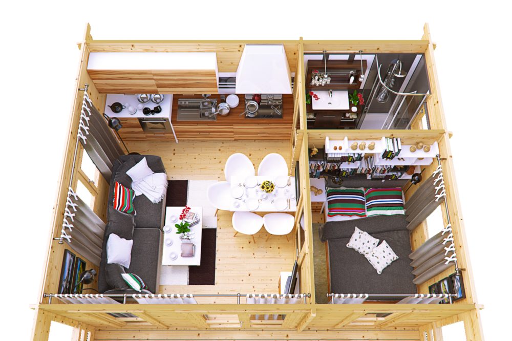 Przekrój wnętrza drewnianego domu.