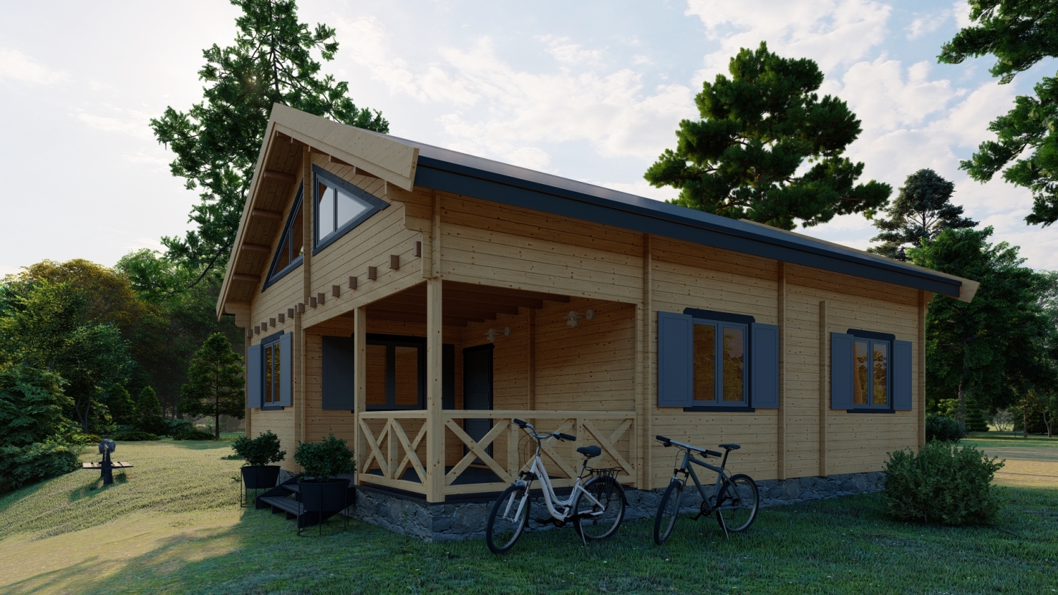 Drewniany dom z werandą i rowerami.