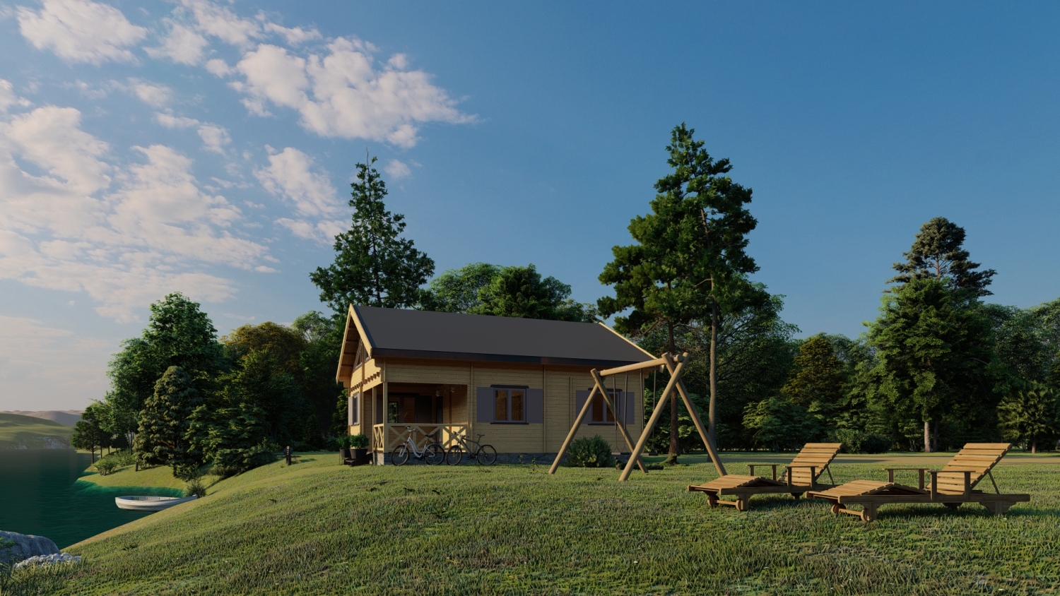 Drewniany domek, łódka, ławki.