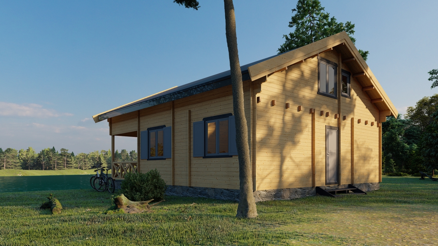 Drewniany dom z widokiem na las.