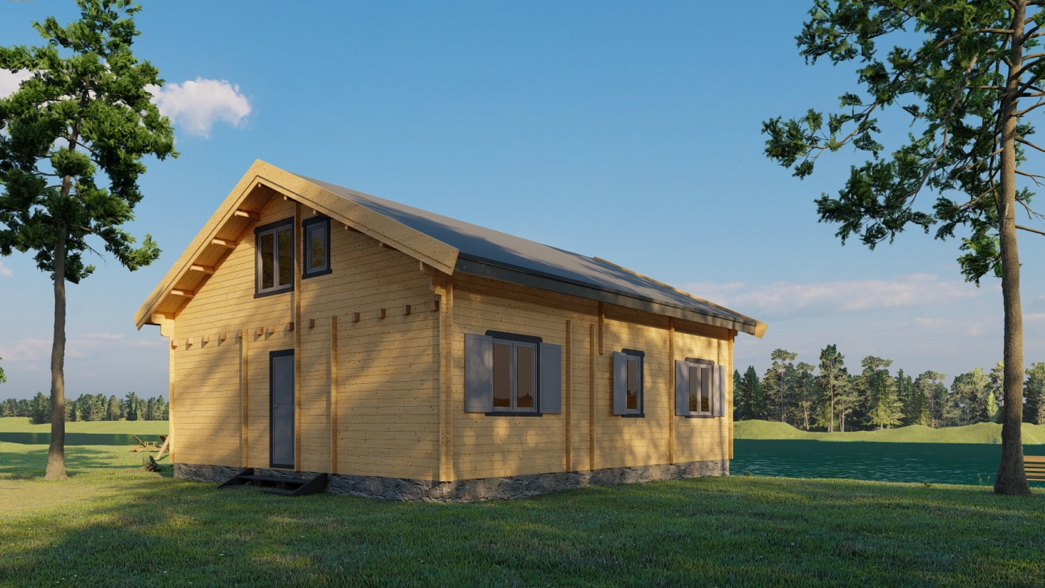Drewniany dom na zielonym polu.