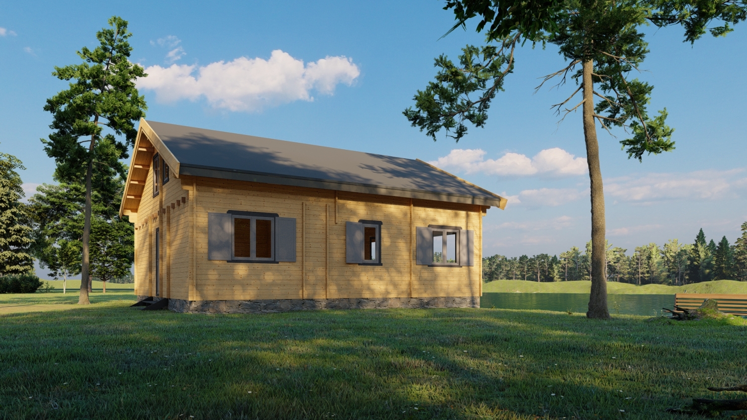 Drewniany dom w krajobrazie.