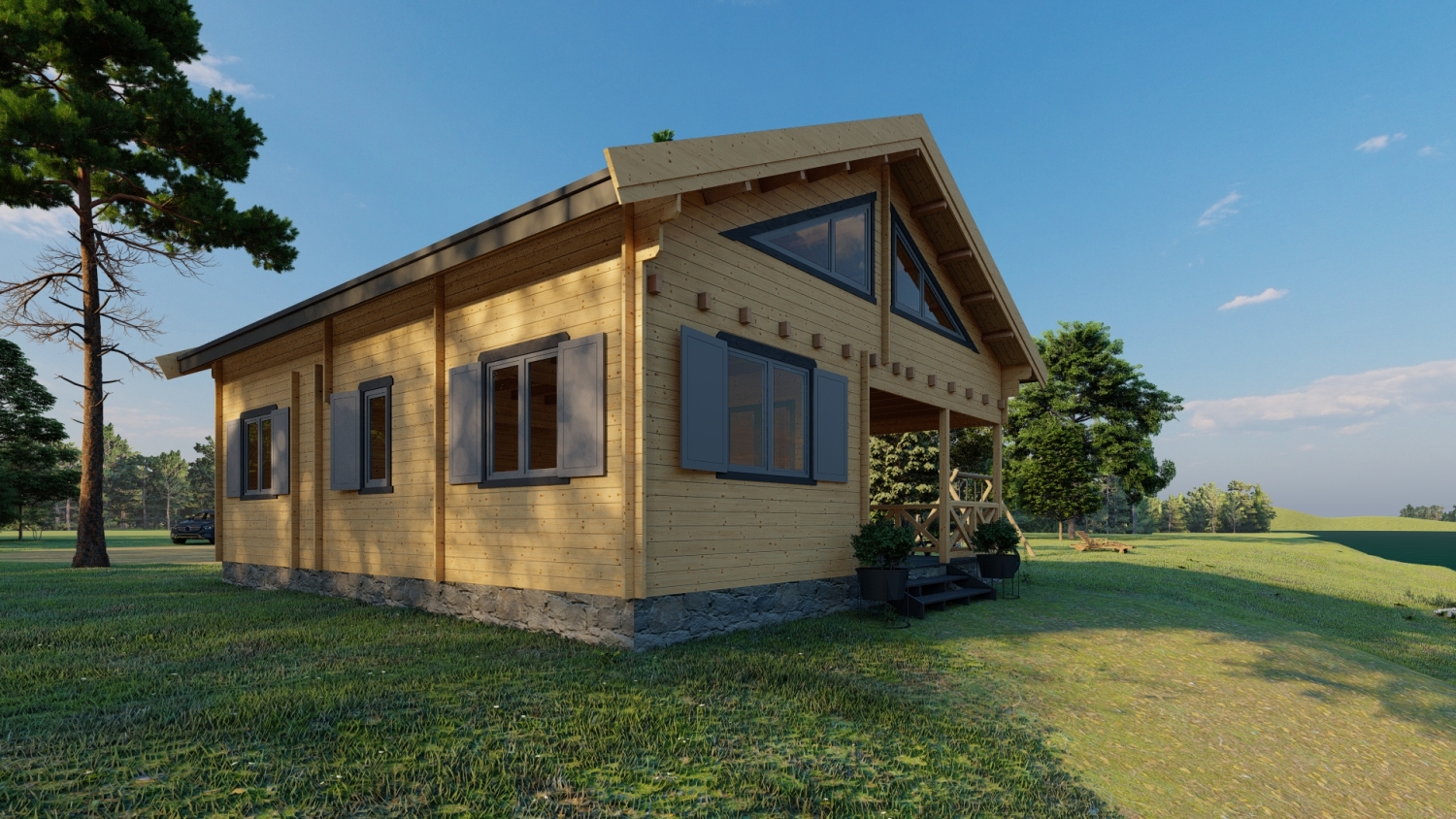 Drewniany dom w otoczeniu zieleni.