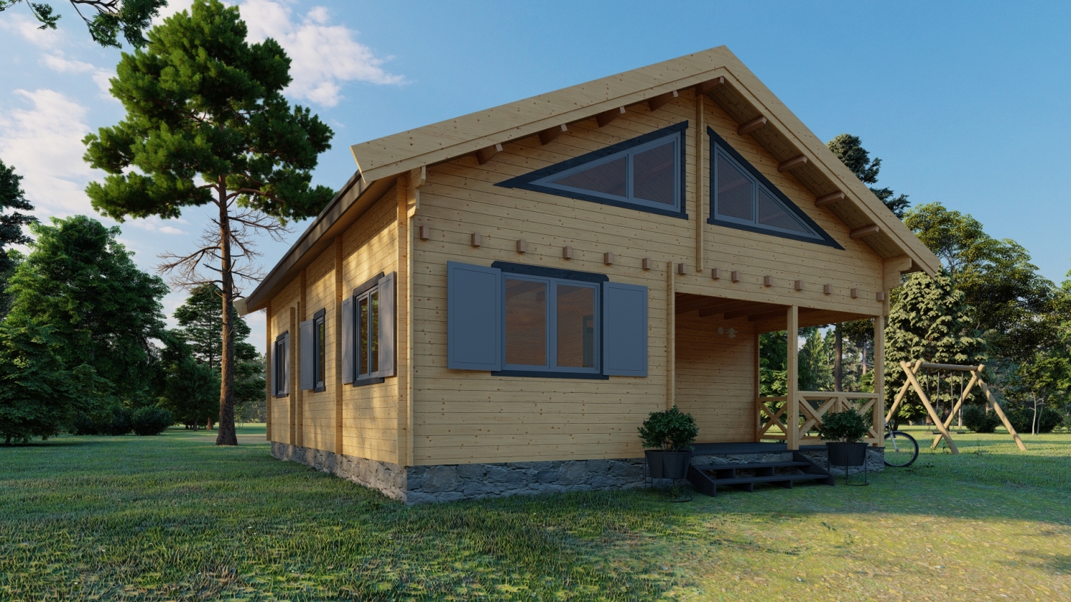 Drewniany dom na trawie.
