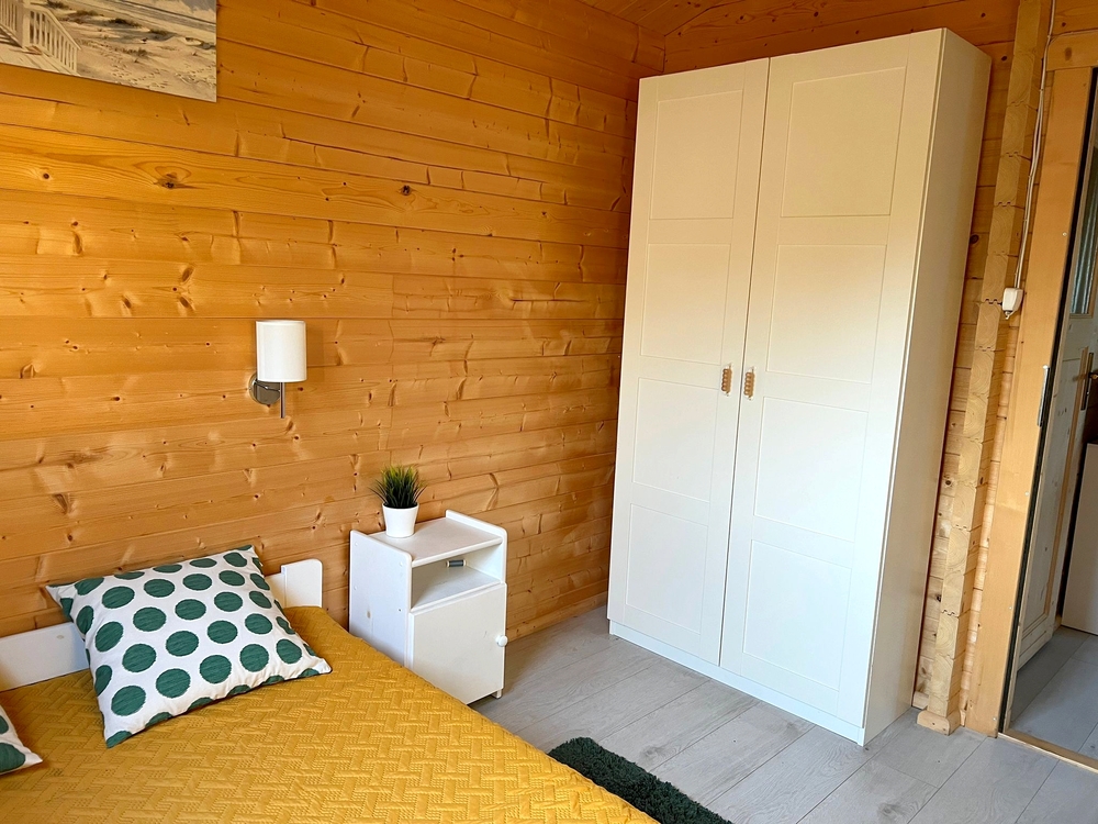 Pokój z drewnianą ścianą, szafa, roślina, poduszka